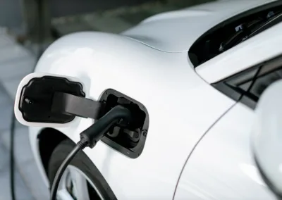 A white car is plugged into an electric charger.